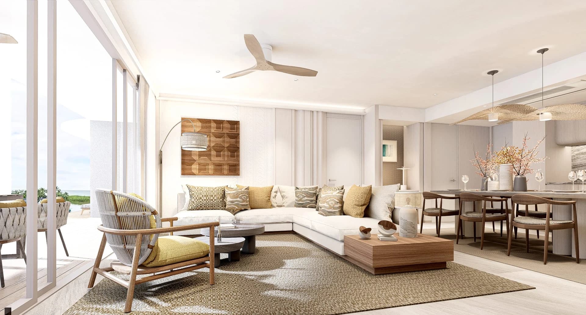 Open-plan living and dining with full-height glazing to the terrace